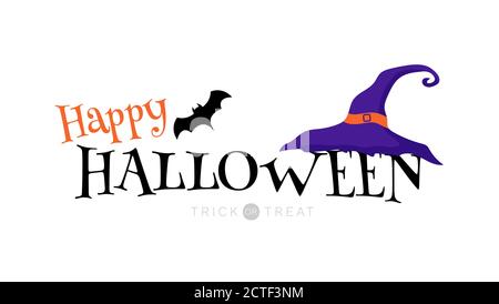 Happy Halloween Typografie Text Banner Hexe Hut Party und Fledermäuse Cartoon Trick or Treat auf der Oberseite Vektor-Design Stock Vektor