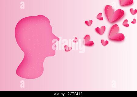 Rosa männliche Silhouette. Gesichtsprofil in Papierform. Hochformat. Origami Liebe Herz. Romantischer Urlaub. 14. Februar. Sei mein valentinstag. Vektor Stock Vektor