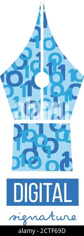 Vorlage für digitale (elektronische) Signaturlogos. Blaue Stift Silhouette bestehen aus binärem Code. Isoliert auf weißem Hintergrund. Stock Vektor