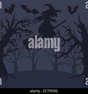 Vektor helloween Illustration mit gruseligen Wald und Silhouette Hexe und Fledermäuse Stock Vektor