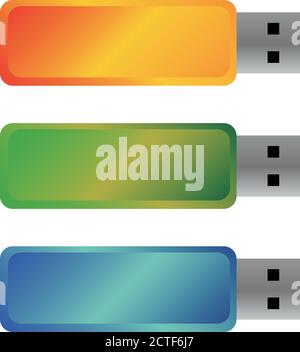 USB-Flash-Laufwerke, farbige tragbare Datenspeicher. Vektor-Vorlagen für Mock-ups, mit freiem Platz für Corporate Branding oder Text. Grün, orange und blau Stock Vektor