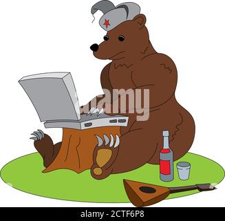 Russische Hacker humorvolle Illustration - Braunbär sitzt mit Laptop. Animal arbeiten mit Notebook, mit traditionellen Elementen - Red Star und Wodka Stock Vektor