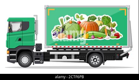 LKW-Auto voller Gemüse-Produkte. Shop und Bauernhof liefern Service, frisches Gemüse. Lieferung und Verkauf von natürlichen veganen landwirtschaftlichen Lebensmitteln Konzept. Fracht und Logistik. Cartoon flache Vektor-Illustration Stock Vektor