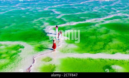 Luftaufnahme des Mangya Jade Lake, einem künstlichen Salzsee, der verschiedene Grüntöne in Mangya, nordwestlich der chinesischen Provinz Qinghai, präsentiert, 16 Aug Stockfoto