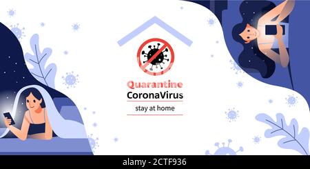 Ich übernachte zu Hause, Bleib sicher. Arbeiten von zu Hause aus. Online-Kommunikation Freundinnen über das Internet für Prevent Virus Covid-19. In Quarantäne zu Hause bleiben Stock Vektor