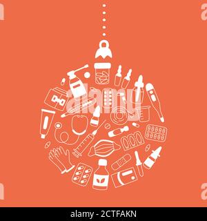 Medikamente, Medikamente, Pillen, Flaschen und medizinische Elemente im Gesundheitswesen in weihnachtsbaum Kugelform Stock Vektor