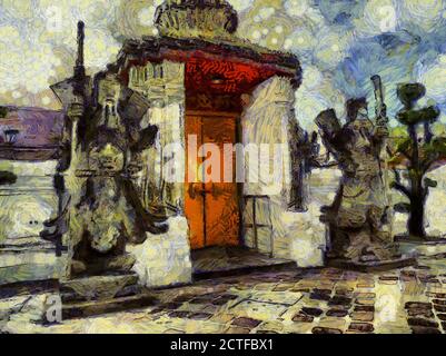 Wat Phra Chetuphon (Wat Pho), befindet sich hinter dem herrlichen Tempel des Smaragd Buddha Illustrationen schafft einen impressionistischen Stil der Malerei. Stockfoto