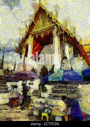 Wat Phra Chetuphon (Wat Pho), befindet sich hinter dem herrlichen Tempel des Smaragd Buddha Illustrationen schafft einen impressionistischen Stil der Malerei. Stockfoto