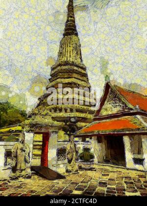 Wat Phra Chetuphon (Wat Pho), befindet sich hinter dem herrlichen Tempel des Smaragd Buddha Illustrationen schafft einen impressionistischen Stil der Malerei. Stockfoto