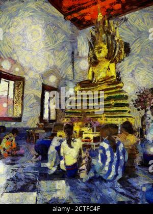 Wat Phra Chetuphon (Wat Pho), befindet sich hinter dem herrlichen Tempel des Smaragd Buddha Illustrationen schafft einen impressionistischen Stil der Malerei. Stockfoto