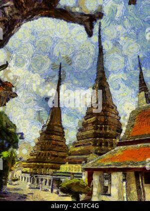 Wat Phra Chetuphon (Wat Pho), befindet sich hinter dem herrlichen Tempel des Smaragd Buddha Illustrationen schafft einen impressionistischen Stil der Malerei. Stockfoto