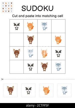 Sudoku Spiel für Kinder mit Bildern. Aktivitätsblatt für Kinder. Passende Spiel für Kinder mit niedlichen Waldtiere. Arbeitsblatt zur Entwicklung von Schulungen. Logi Stock Vektor