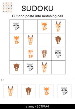 Sudoku Spiel für Kinder mit Bildern. Aktivitätsblatt für Kinder. Passende Spiel für Kinder mit niedlichen Waldtiere. Arbeitsblatt zur Entwicklung von Schulungen. Lo Stock Vektor