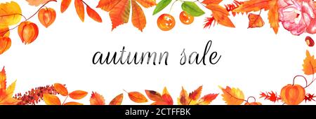 Autumn Sale Banner mit Aquarell-Blättern, Ästen, Früchten und Blumen, auf weißem Hintergrund Stockfoto