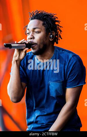 Roskilde, Dänemark. Juli 2015. Kendrick Lamar, der amerikanische Rapper und Texter, spielt ein Live-Konzert auf der Orange Stage beim dänischen Musikfestival Roskilde Festival 2015. (Foto: Gonzales Photo - Lasse Lagoni). Stockfoto