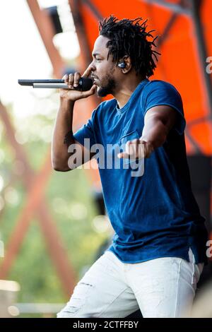 Roskilde, Dänemark. Juli 2015. Kendrick Lamar, der amerikanische Rapper und Texter, spielt ein Live-Konzert auf der Orange Stage beim dänischen Musikfestival Roskilde Festival 2015. (Foto: Gonzales Photo - Lasse Lagoni). Stockfoto