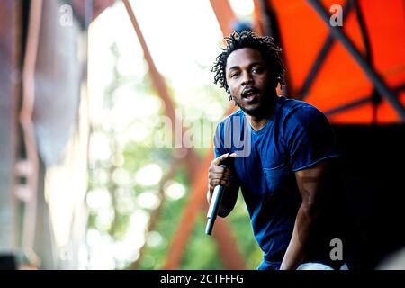 Roskilde, Dänemark. Juli 2015. Kendrick Lamar, der amerikanische Rapper und Texter, spielt ein Live-Konzert auf der Orange Stage beim dänischen Musikfestival Roskilde Festival 2015. (Foto: Gonzales Photo - Lasse Lagoni). Stockfoto