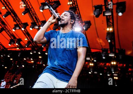 Roskilde, Dänemark. Juli 2015. Kendrick Lamar, der amerikanische Rapper und Texter, spielt ein Live-Konzert auf der Orange Stage beim dänischen Musikfestival Roskilde Festival 2015. (Foto: Gonzales Photo - Lasse Lagoni). Stockfoto