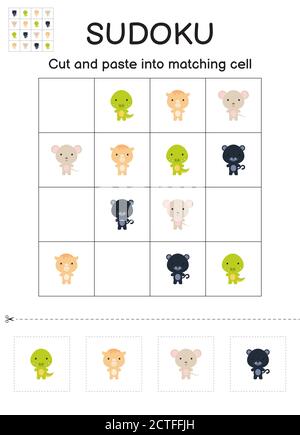 Sudoku Spiel für Kinder mit Bildern. Aktivitätsblatt für Kinder. Passende Spiel für Kinder mit niedlichen Cartoon Tiere. Arbeitsblatt zur Entwicklung von Schulungen. Protokoll Stock Vektor