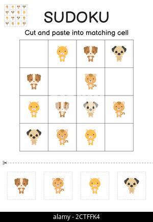 Sudoku Spiel für Kinder mit Bildern. Aktivitätsblatt für Kinder. Passende Spiel für Kinder mit niedlichen Cartoon Tiere. Arbeitsblatt zur Entwicklung von Schulungen. Protokoll Stock Vektor