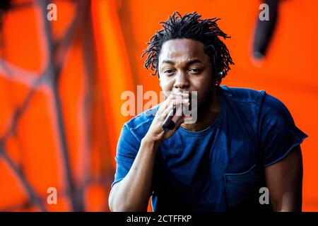 Roskilde, Dänemark. Juli 2015. Kendrick Lamar, der amerikanische Rapper und Texter, spielt ein Live-Konzert auf der Orange Stage beim dänischen Musikfestival Roskilde Festival 2015. (Foto: Gonzales Photo - Lasse Lagoni). Stockfoto