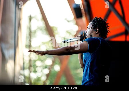 Roskilde, Dänemark. Juli 2015. Kendrick Lamar, der amerikanische Rapper und Texter, spielt ein Live-Konzert auf der Orange Stage beim dänischen Musikfestival Roskilde Festival 2015. (Foto: Gonzales Photo - Lasse Lagoni). Stockfoto