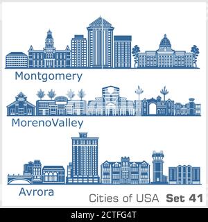 Städte der USA - Aurora, Moreno Valley, Montgomery. Detaillierte Architektur. Trendige Vektorgrafik. Stock Vektor