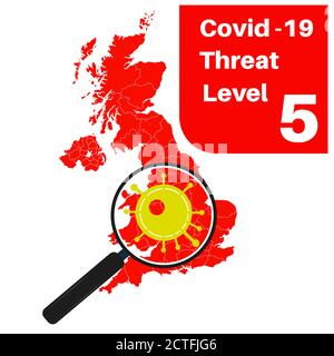 Covid-19 UK Threat Level 5 (Rot) mit Karte und Vergrößerung Glas Stock Vektor