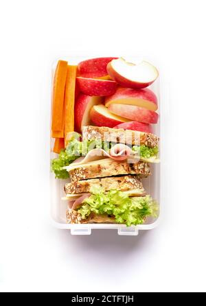 Schulessen, Blick von oben. Gesunde nahrhafte Mahlzeit in Behälter von oben. Stockfoto