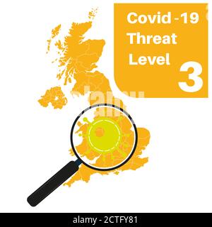 Covid-19 UK Threat Level 3 (Gelb) mit Karte und Lupe Glas Stock Vektor