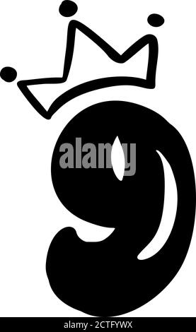 Vektor Vintage prall Süße Zahl 9 mit Krone. Princess Element nine Schriftlogo. Valentine Hand gezeichnete Alphabet Zeichen für Seite Dekoration und Design Stock Vektor