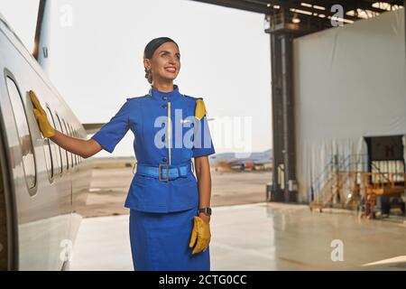 Glückliche Stewardess Gefühl bereit für die Reise und lächelnd Stockfoto