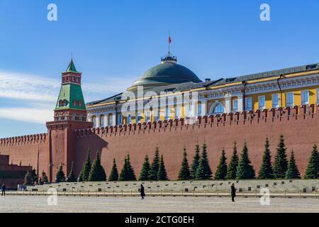 Moskau, Russland - 03. März 2019: Kreml Moskauer Dom des Senats hinter roter Mauer Stockfoto