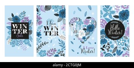 Vector floral Banner für Social Media Geschichten, Verkauf Winter Illustration. Flache Blüten, Blütenblätter, Blätter Doodle Elemente. Für Veranstaltungseinladungen verwenden Stock Vektor