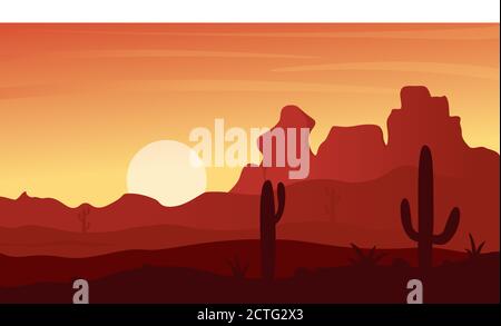 Mexikanische, Texas oder Arisona Wüste Natur bei Sonnenuntergang Nacht Vektor-Illustration. Cartoon flache natürliche menschenleere Mexiko Landschaft Berg Canyon Silhouetten, Dünen, Kakteen und Trockenpflanzen Stock Vektor