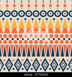 Abstraktes geometrisches Muster. Ethnische und Stammesmotive. Orange, gelbe, blaue Elemente auf einem Hintergrund. Nahtlose Vektordarstellung. Stock Vektor