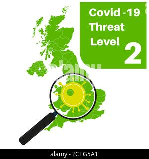 Covid-19 UK Threat Level 2 (Grün) mit Karte und Vergrößerung Glas Stock Vektor
