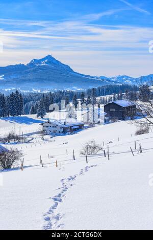 Frischer Neuschnee und ein kalter Winternachmittag im Allgäu - schöne Eindrücke aus den bayerischen Bergen. Stockfoto