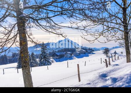 Frischer Neuschnee und ein kalter Winternachmittag im Allgäu - schöne Eindrücke aus den bayerischen Bergen. Stockfoto