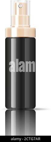 Schwarze Kosmetikflasche kann Spritzbehälter in realistischem glänzendem Glas oder Kunststoff. Zerstäuber Spender Spray Mockup Schablone für Creme, Emulsi Stock Vektor