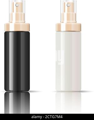 Schwarze Kosmetikflasche kann Spritzbehälter in realistischem glänzendem Glas oder Kunststoff. Zerstäuber Spender Spray Mockup Schablone für Creme, Emulsi Stock Vektor