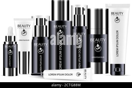 Schwarz-weiße Kosmetikflasche blank Schablonen-Set, Kunststoffbehälter Flaschen mit Spray, Spender und Tropf, Cremeröhrchen. Realistisches 3d-Modell o Stock Vektor