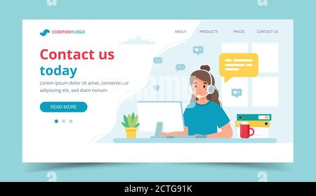 Kontaktieren Sie uns Landing Page. Frau mit Kopfhörer und Mikrofon mit Computer. Konzeptdarstellung für Support, Assistance, Call Center. Stock Vektor