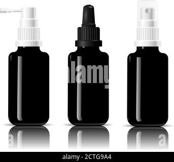 Realistische schwarze glänzende Glas oder Kunststoff medizinischen Flaschen Set Tropferspender Spray. Mockup-Vorlage für Serum und andere Kosmetika oder medizinische Produkte Stock Vektor