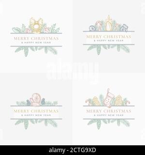 Merry Christmas abstrakte botanische Etiketten oder Karten-Kollektion mit rechteckigen Rahmen Banner. Premium Pastell Farbe Hintergrund Grußskizzen Layouts Stock Vektor