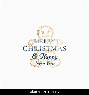 Merry Christmas Abstract Vector Retro Label, Logo, Zeichen oder Karte Vorlage. Hand gezeichnet Golden Holiday Lebkuchen Cookie Mann Skizze Illustration mit Stock Vektor