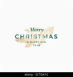 Merry Christmas Abstract Vector Retro Label, Logo, Zeichen oder Karte Vorlage. Handgezeichneter Golden Holiday Pine Fir Nadel Zweig Skizze Illustration mit Stock Vektor