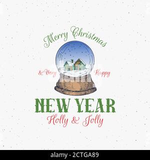 Merry Christmas Abstract Vector Retro Label, Zeichen oder Logo Vorlage. Bunte Hand gezeichnet Schneeball mit Haus Skizze Illustration und Vintage Stock Vektor