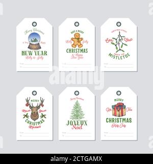 Weihnachten und Neujahr Ready-to-use lebendige Farbe Geschenk-Tags oder Etiketten Vorlagen Set. Handgezeichnetes Rentier, Plätzchen Mann, Mistel, Schneeball, Kiefer und Stock Vektor