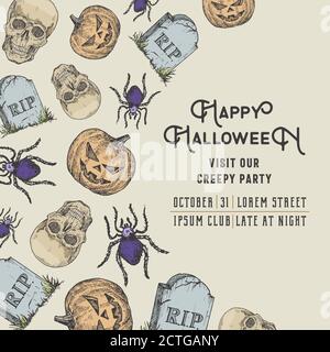 Handgezeichnete Sculls, Kürbis, Spinne und Grabstein Vektor Hintergrundmuster Karte. Halloween-Feier Grußskizzen Party Einladung oder Cover Stock Vektor